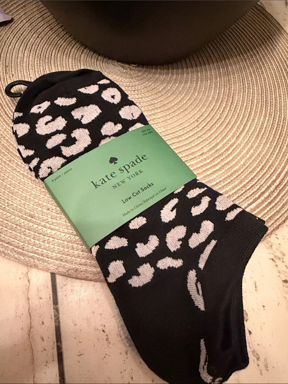 kate spade Black Low-Cut Socks with Cream Leopard Spots, Pink & Grey 3 pairs